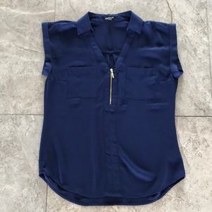 Blue Collared Blouse with Front Zipper